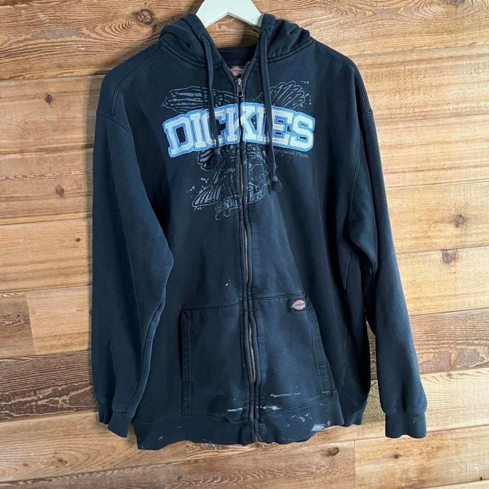 Y2K Dickies black zip up hoodie with paint splatter details. Size L